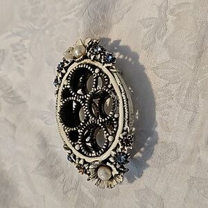 Vintage Light Blue Rhinestone Faux Pearl Floral Enamel Vanity Lipstick Holder